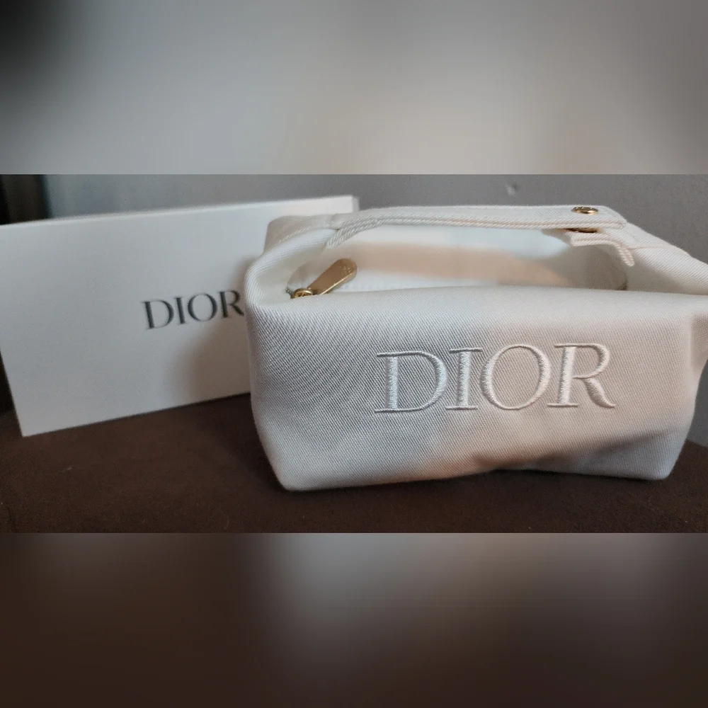 DIOR White Cosmetic Makeup Bag Pouch With Top Handle Clutch New In Box - Picture 9 of 9